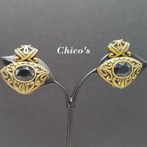 Chico's Black Rhinestone Clip Earrings, Antique Gold Tone, 1 1/8 Inches